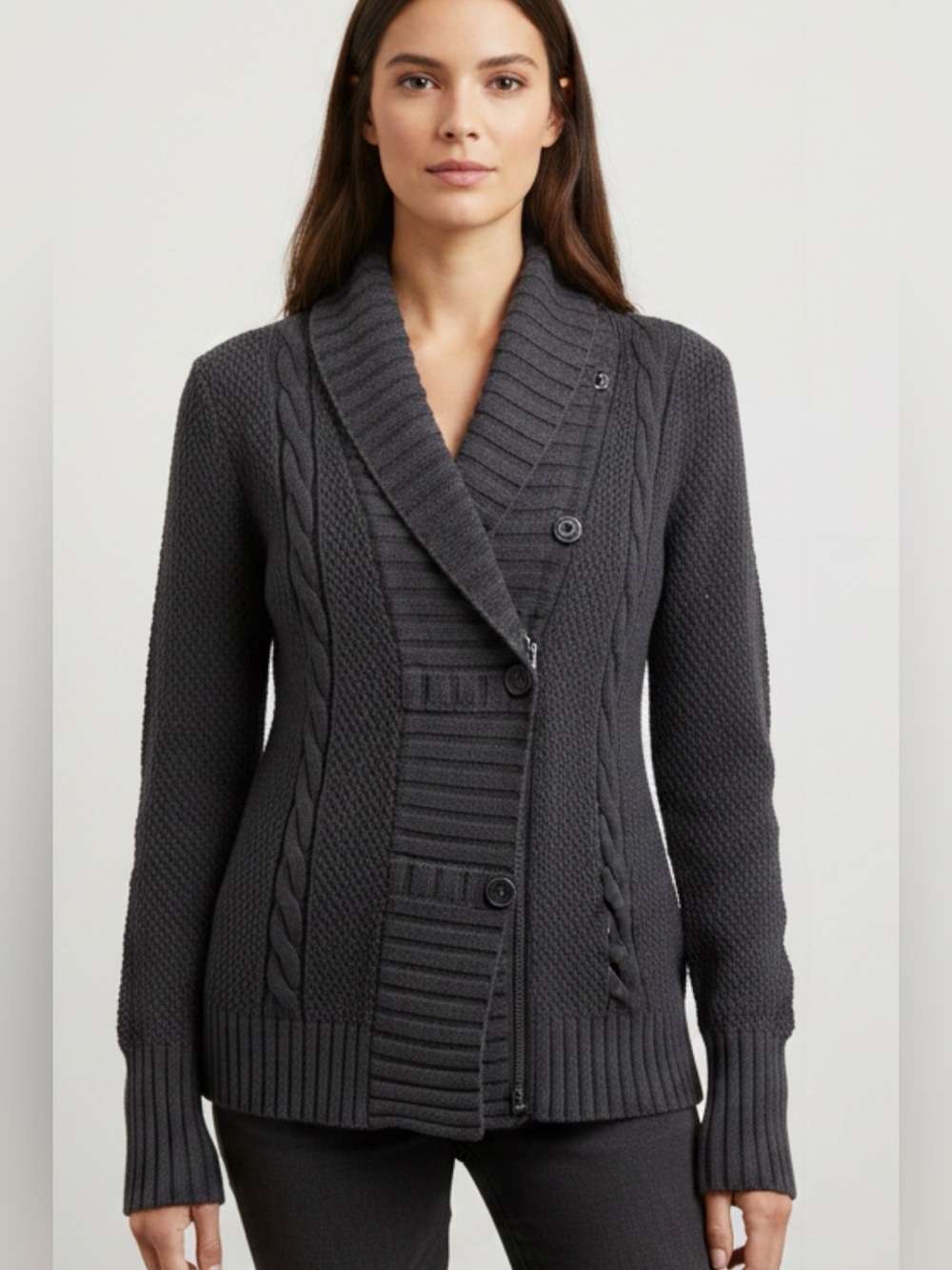Athleta- Women’s Dark Gray Shawl Collar Button-Front Sweater